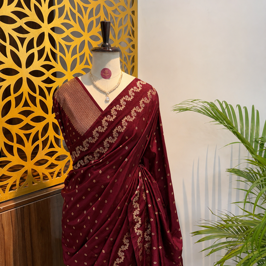 Maroon Semi Raw Mango Banarasi Saree