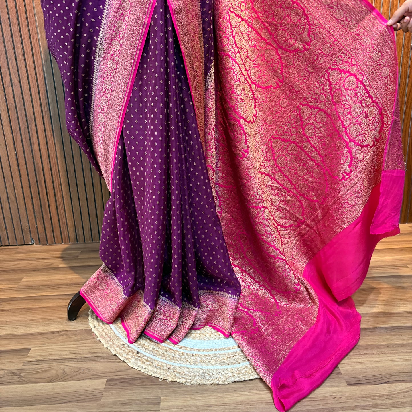 Wine & Pink Banarasi Pure Crepe Saree