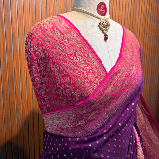 Wine & Pink Banarasi Pure Crepe Saree