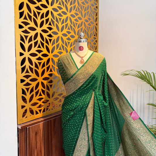Green Banarasi Pure Crepe Saree