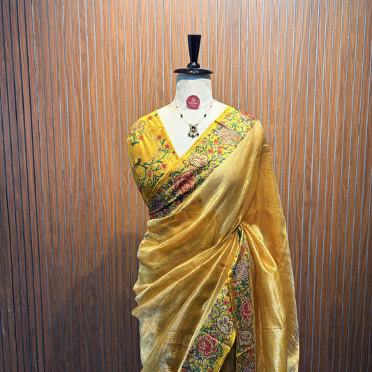 Yellow Pure Tissue Embroidered Saree
