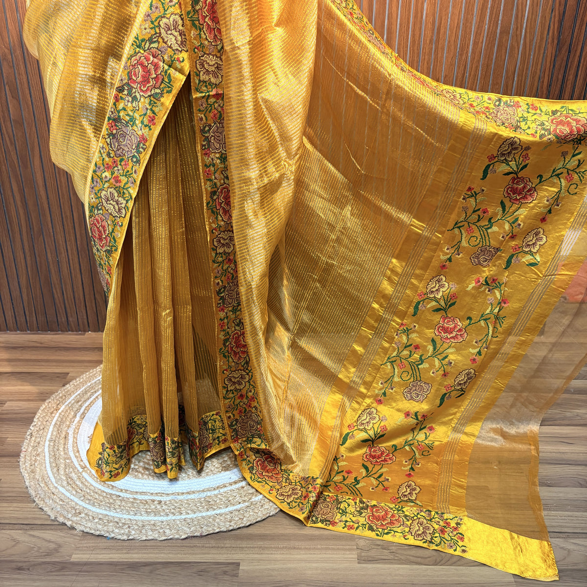 Yellow Pure Tissue Embroidered Saree