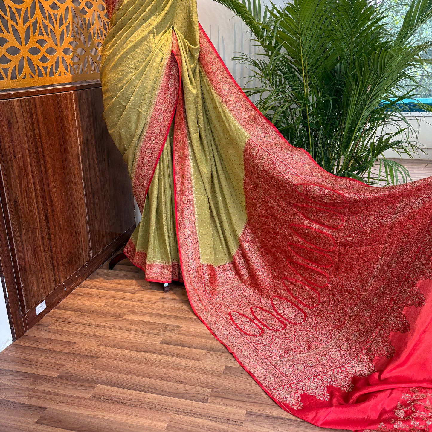 Pista Green Banarasi Pure Crepe Saree