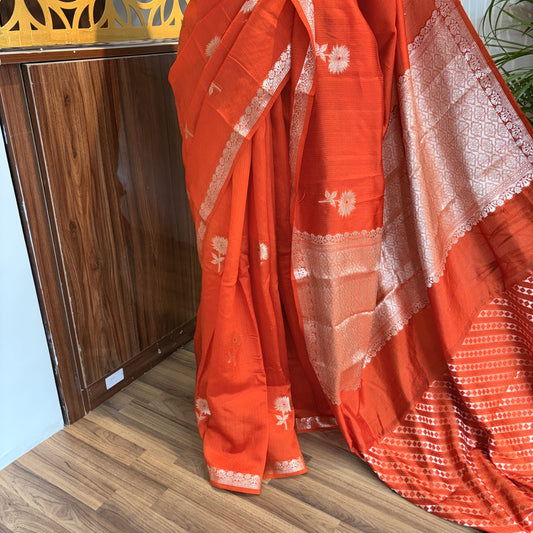 Orange Semi Raw Silk Banarasi Saree