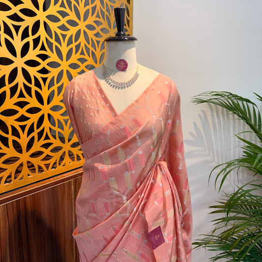 Peach Semi Banarasi Raw Silk Saree
