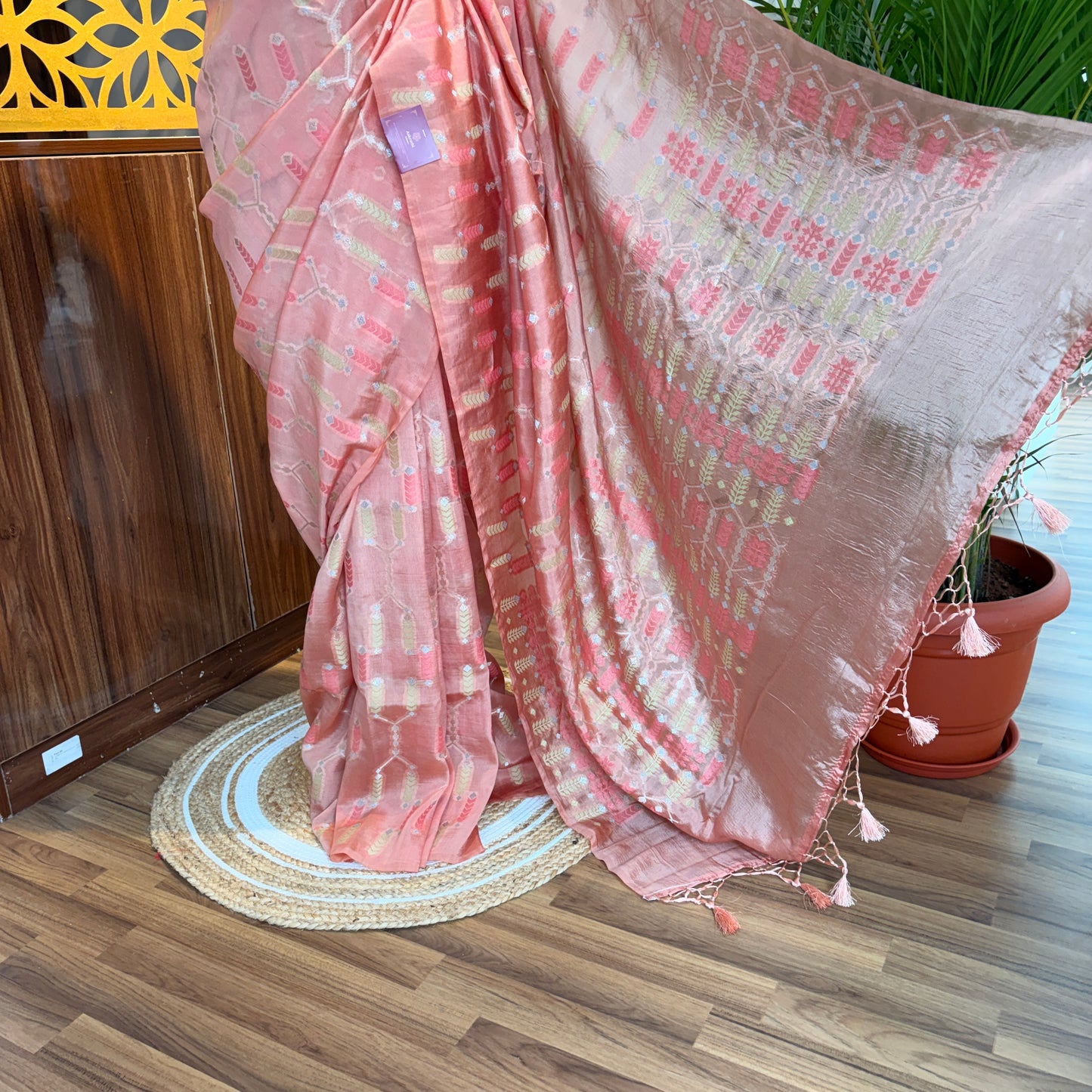 Peach Semi Banarasi Raw Silk Saree