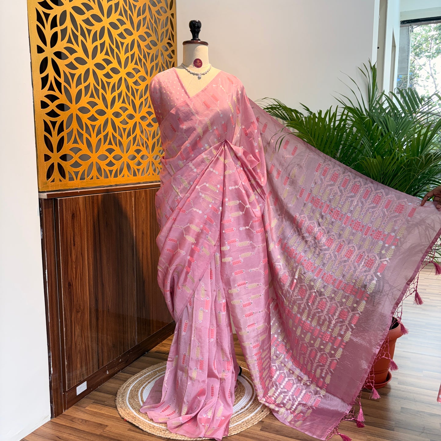 Candy Pink Semi Banarasi Raw Silk Saree