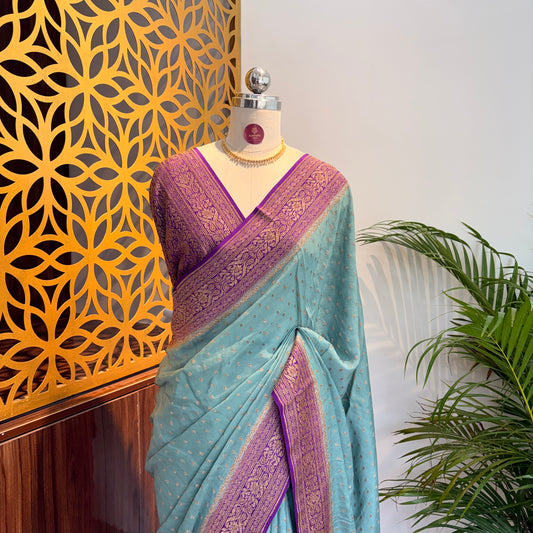 Pastel Green Banarasi Pure Crepe Saree