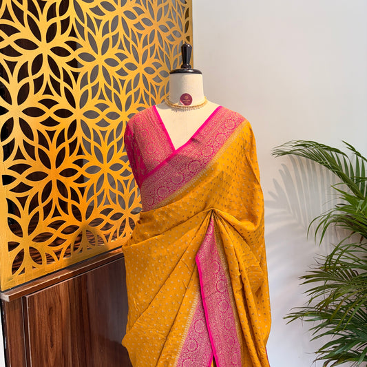 Yellow Banarasi Pure Crepe Saree
