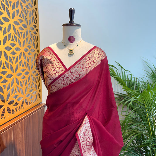 Maroon Soft Organza Banarasi Saree