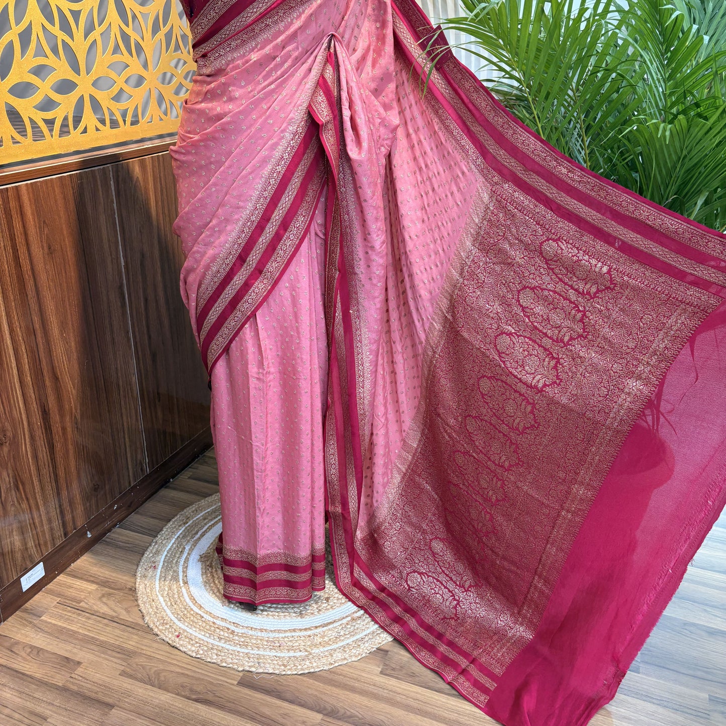 Pastel Pink Banarasi Pure Crepe Saree
