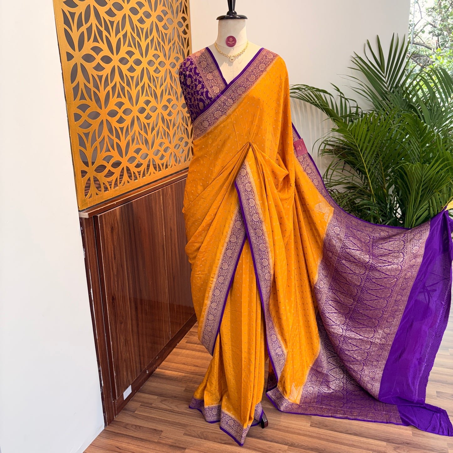 Yellow Banarasi Pure Crepe Saree