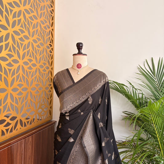 Black Banarasi Semi Matka Silk Saree