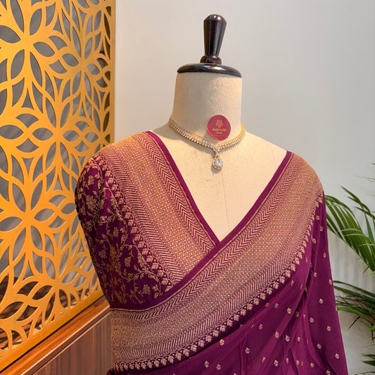 Wine Banarasi Pure Crepe Saree