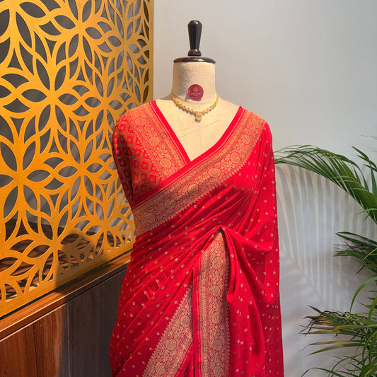 Red Banarasi Pure Crepe Saree