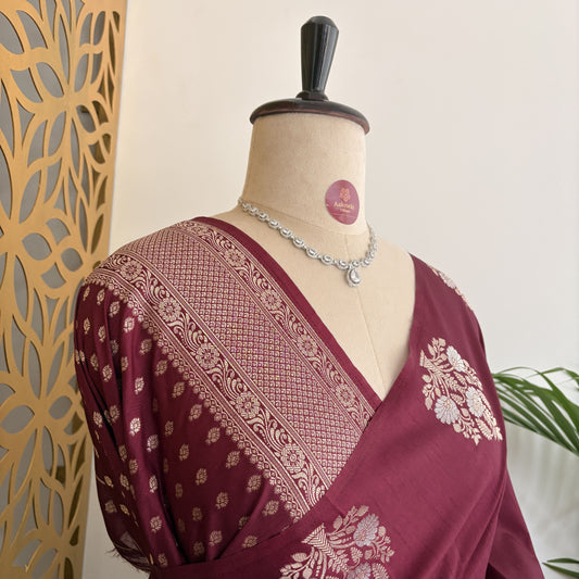 Wine Semi Raw Mango Banarasi Saree
