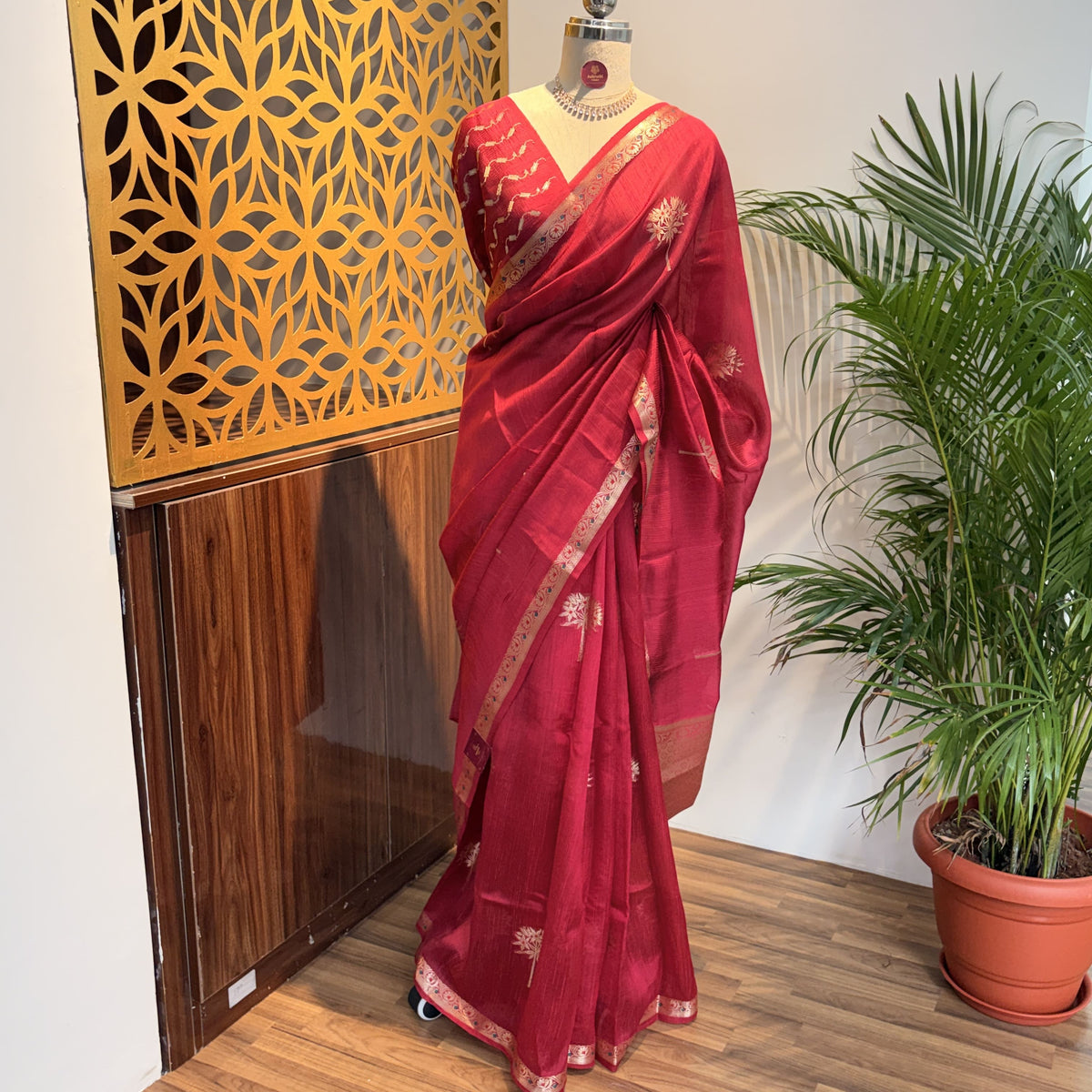 Red Semi Raw Silk Banarasi Saree
