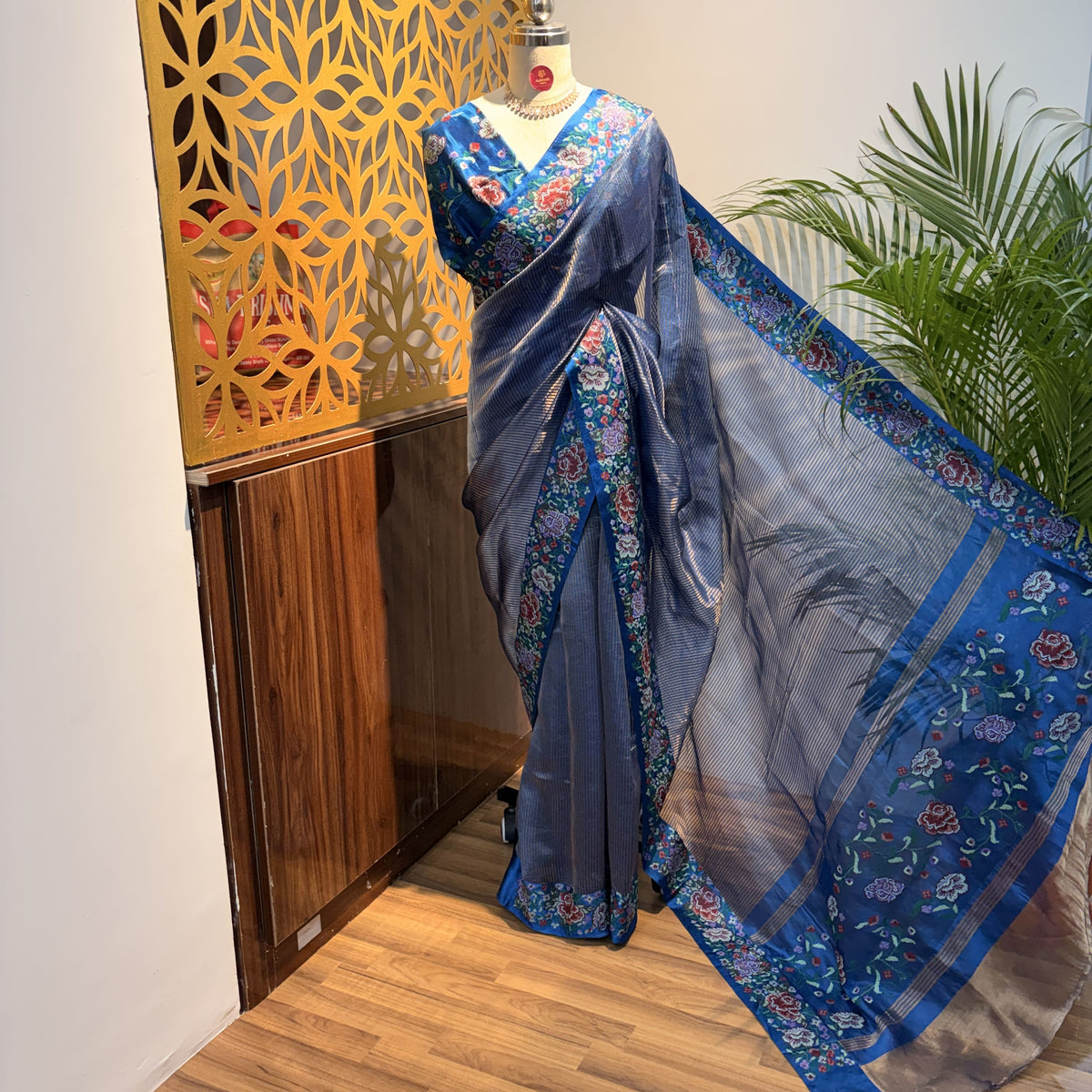 Blue Pure Tissue Embroidered Saree