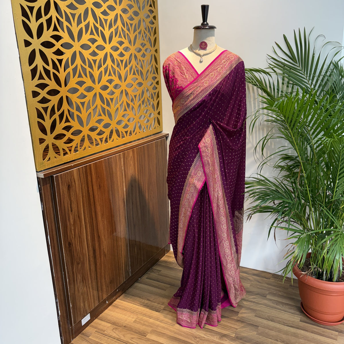 Wine Banarasi Pure Crepe Saree