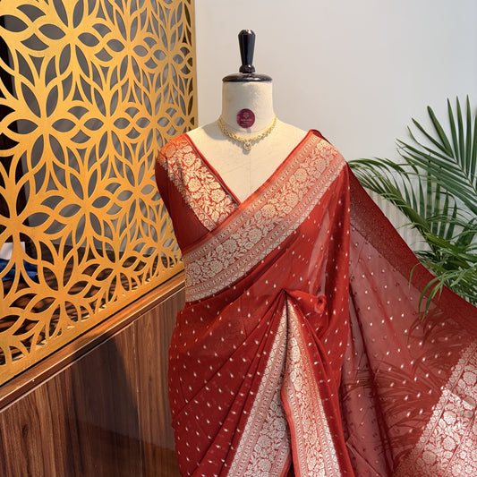Rust Orange Semi Khaddi Georgette Saree