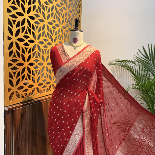 Red Semi Khaddi Georgette Saree