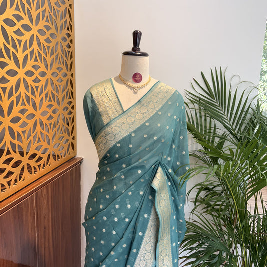 Sea Green Semi Khaddi Georgette Saree