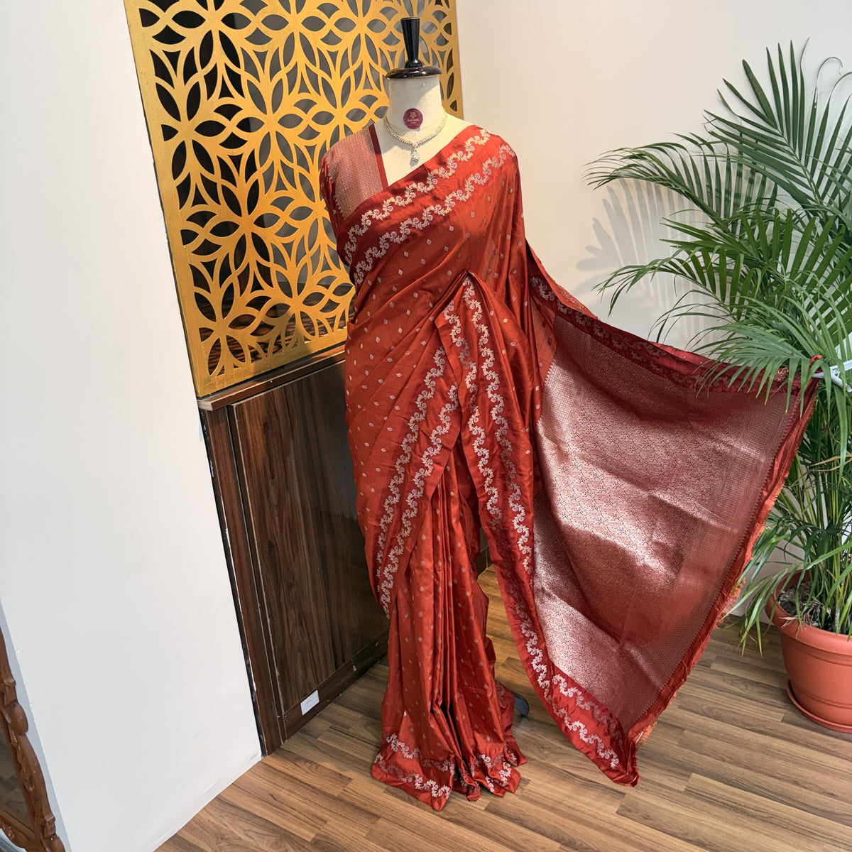 Rust Orange Semi Raw Mango Banarasi Saree