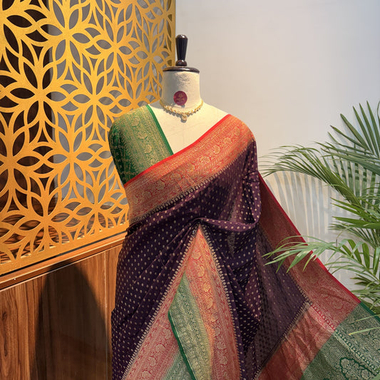 Wine 3D Banarasi Pure Crepe Saree