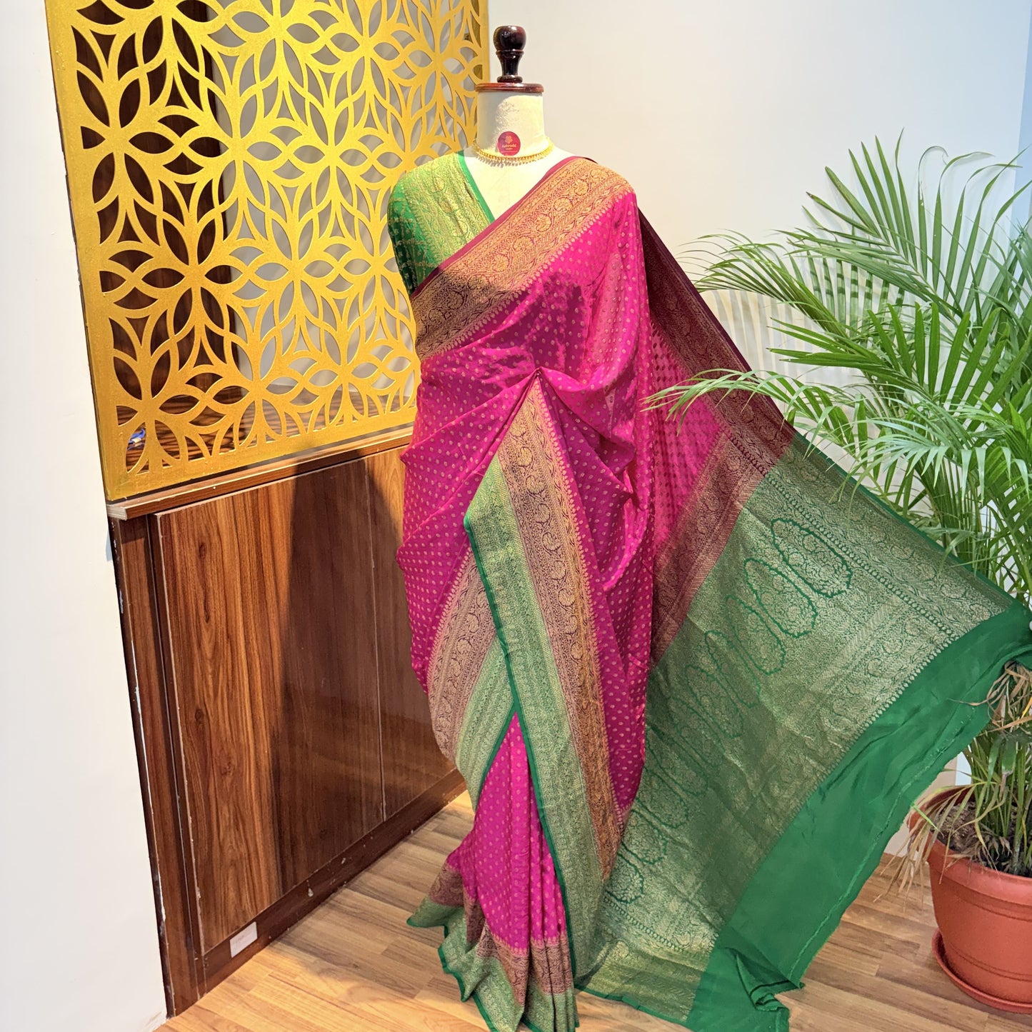 Pink 3D Banarasi Pure Crepe Saree