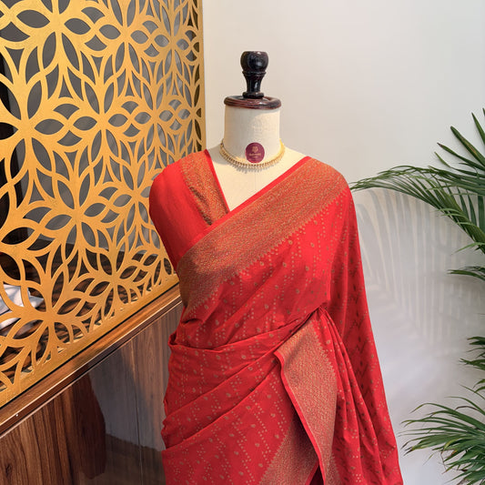 Red Crepe Georgette Semi Banarasi Saree