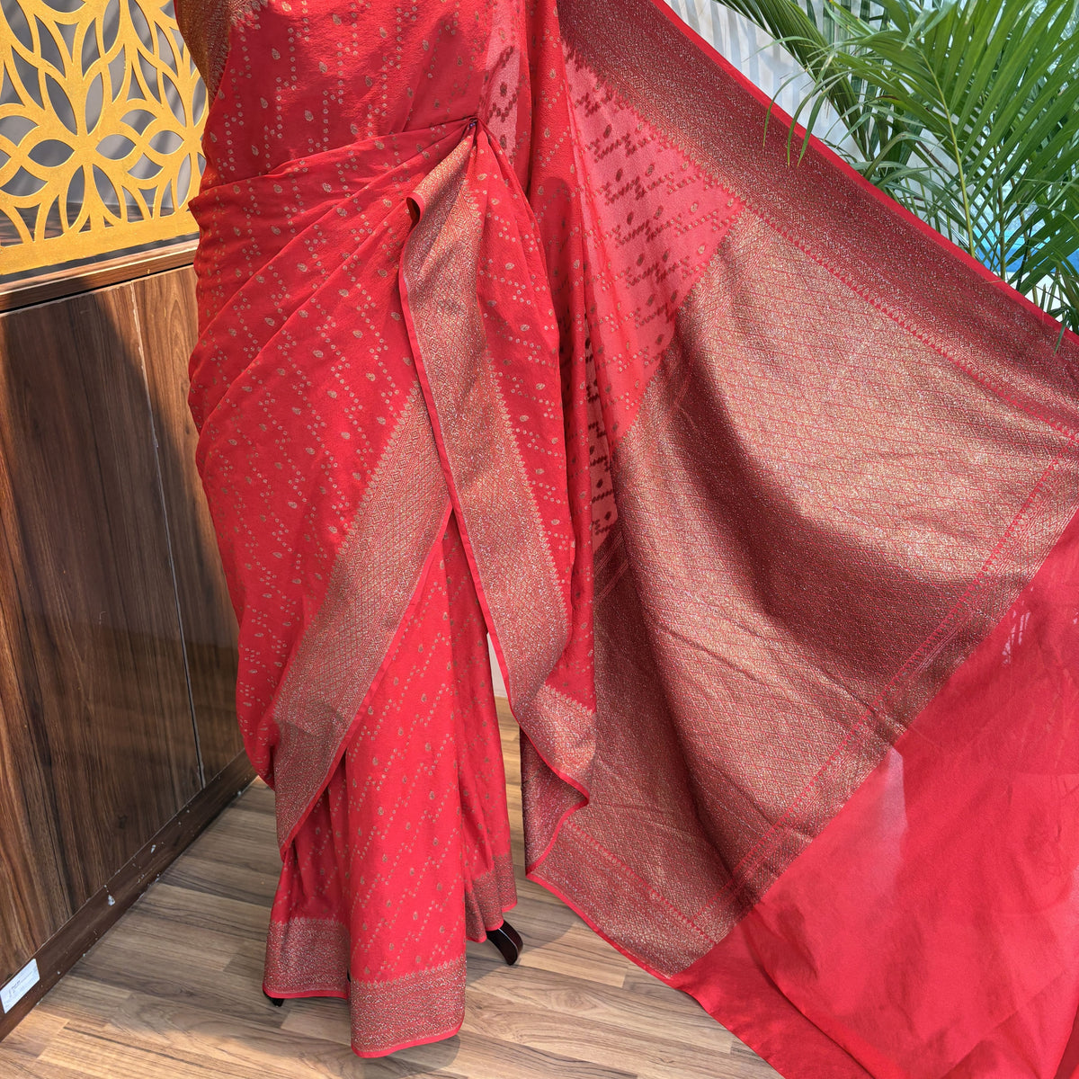 Red Crepe Georgette Semi Banarasi Saree