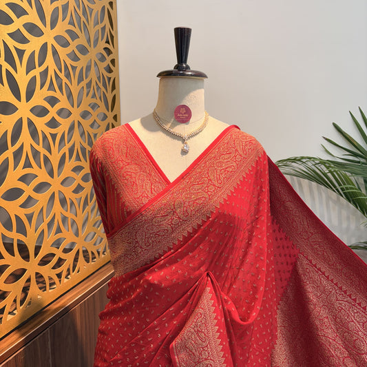 Red Banarasi Pure Crepe Saree