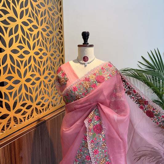 Pink Pure Organza Embroidered Saree