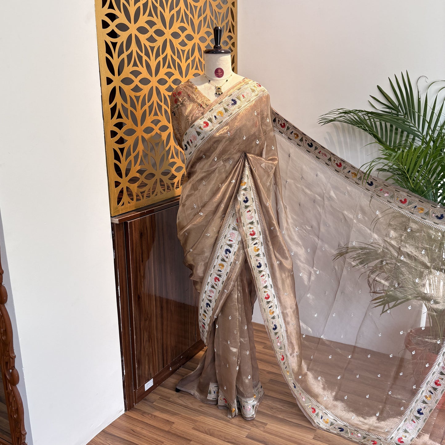 Champagne Gold Pure Tissue Embroidered Saree
