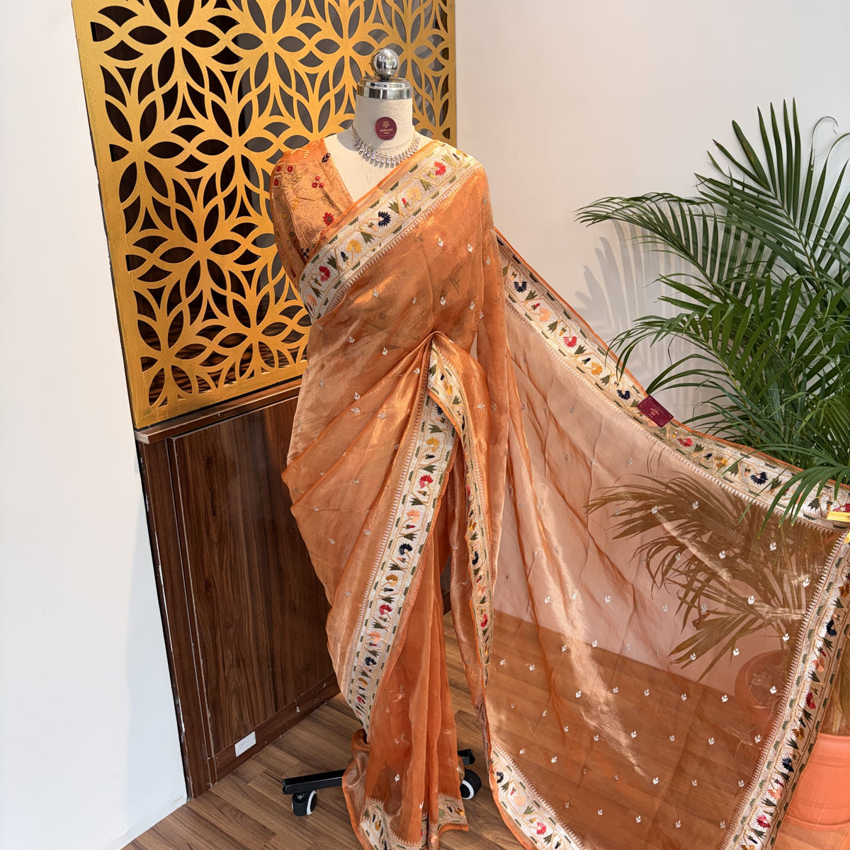 Orange Pure Tissue Embroidered Saree
