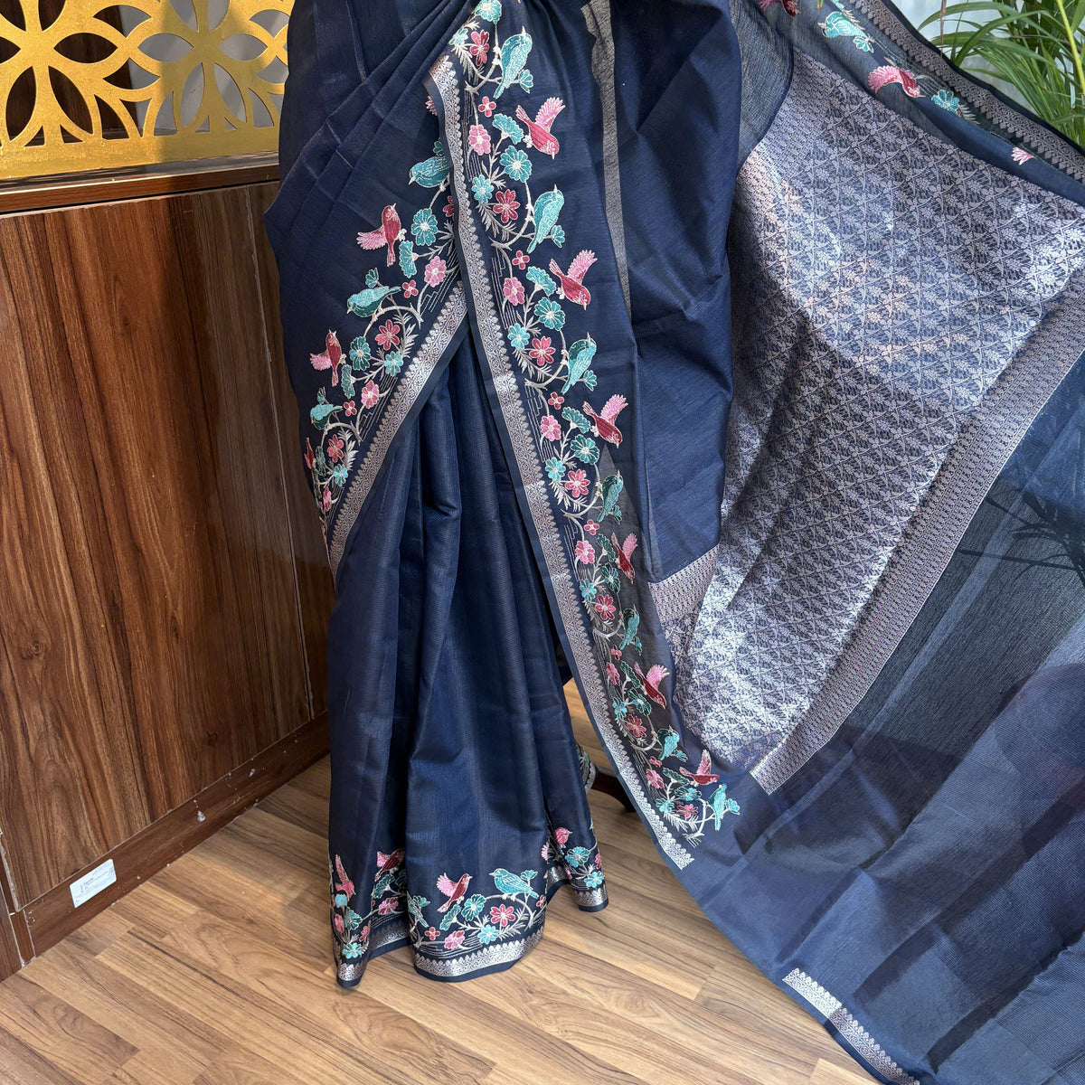 Navy Blue Semi Raw Silk Banarasi Saree – woven (zari) work