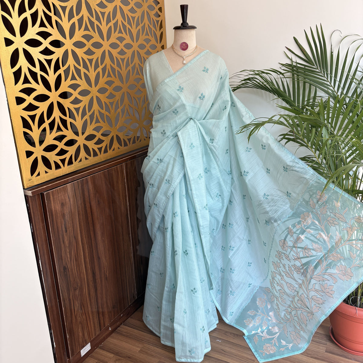 Pastel Blue Woven Cotton Saree – embroidered work