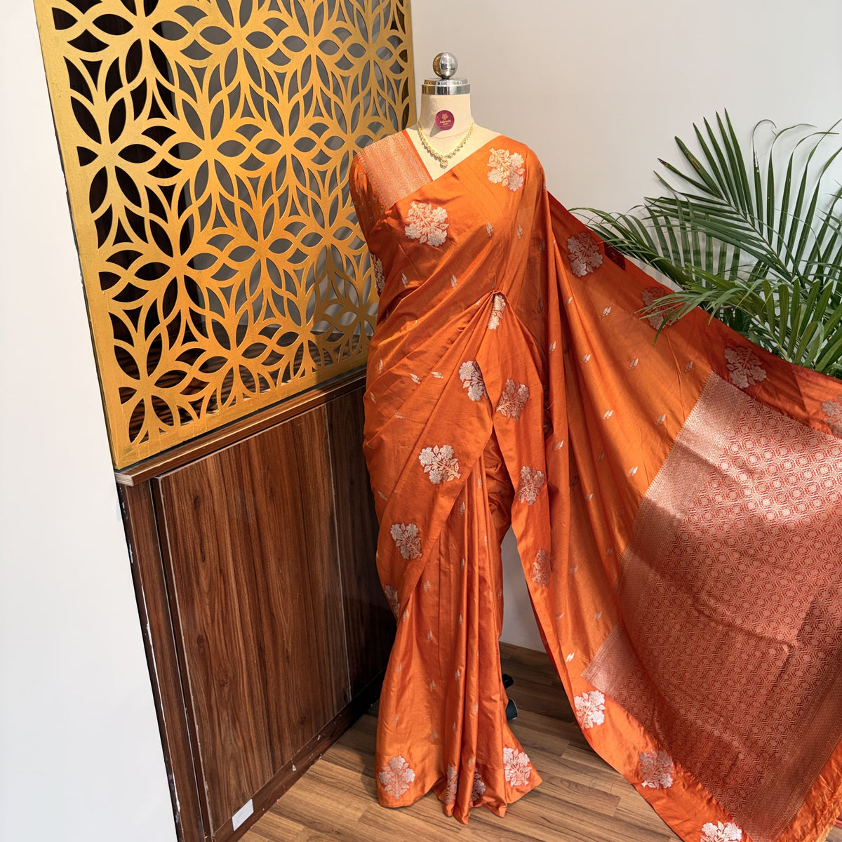 Orange Semi Raw Mango Banarasi Saree