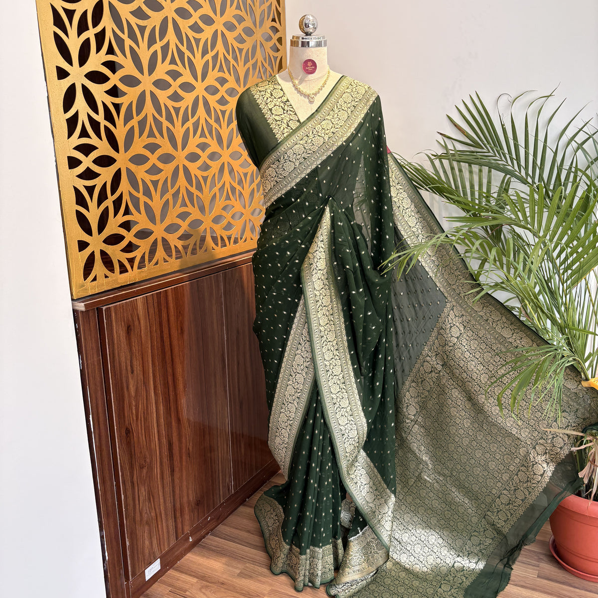 Green Semi Khaddi Georgette Saree – woven (zari) work