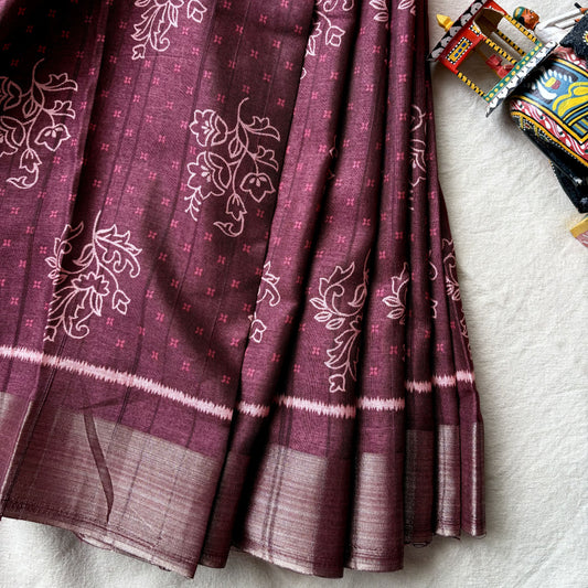 Burgandy Semi Tussar Printed Saree