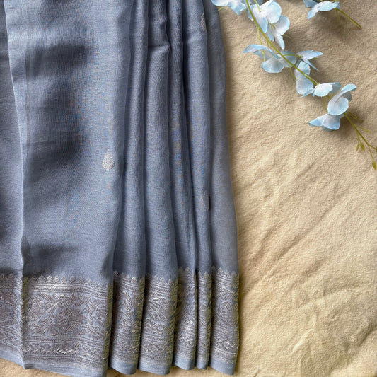 Light Grey Banarasi Pure Khaddi Chiffon Saree
