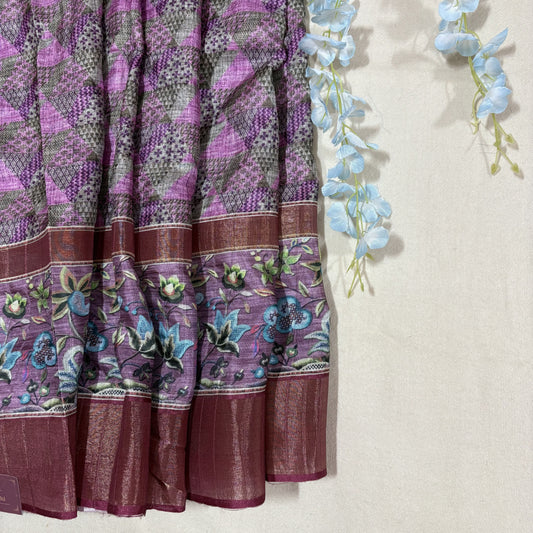 Pink-Green Semi Tussar Printed Saree