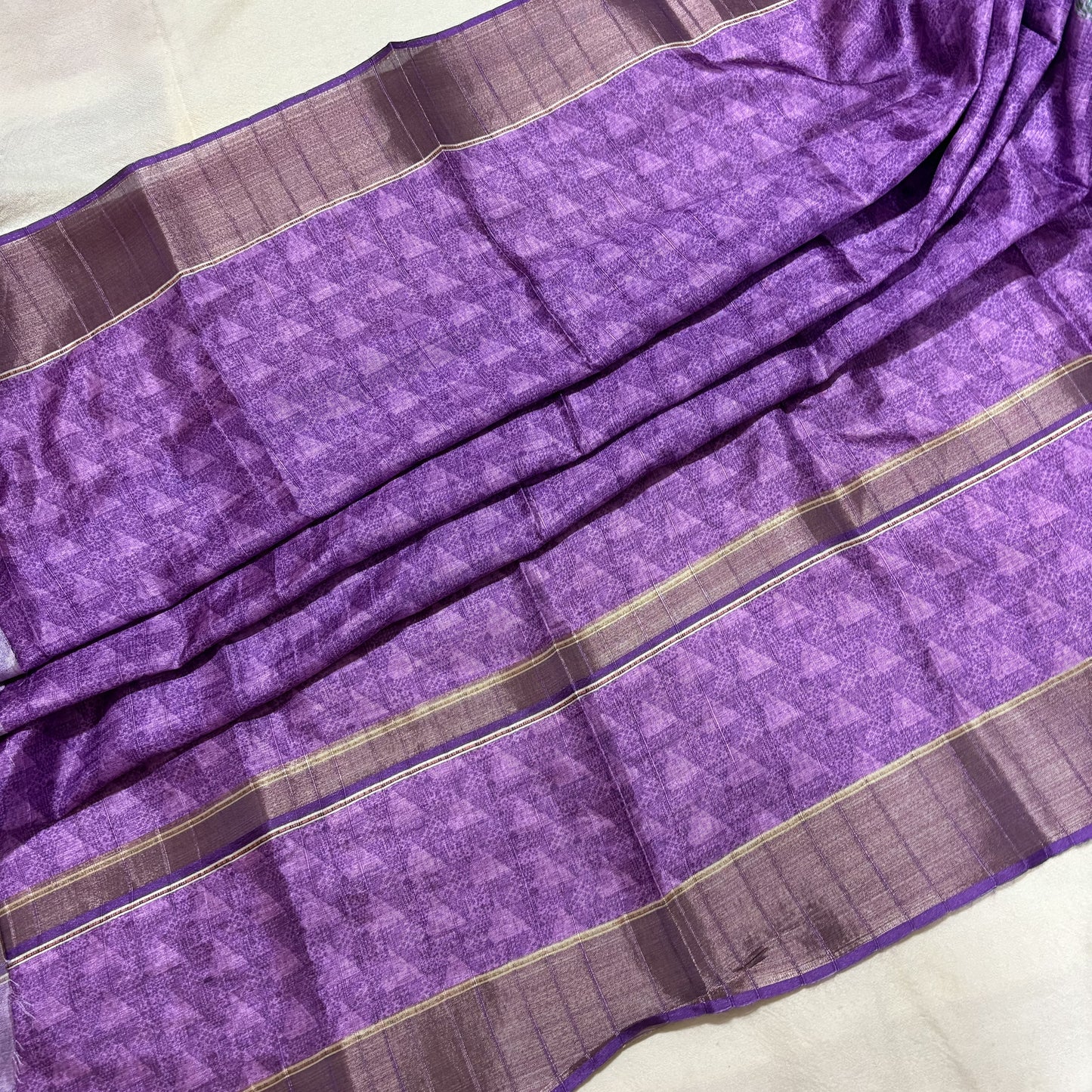 Purple-Green Semi Tussar Printed Saree