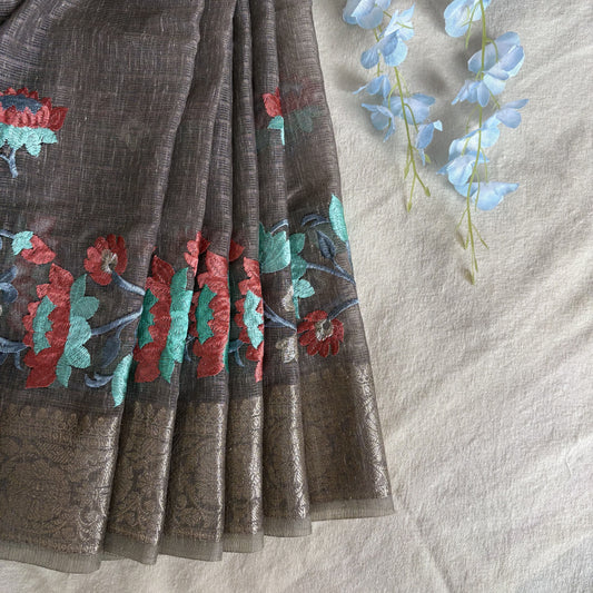 Brown Kora Cotton Silk Saree