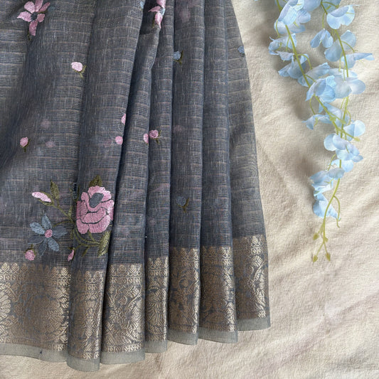 Grey Kora Cotton Silk Saree