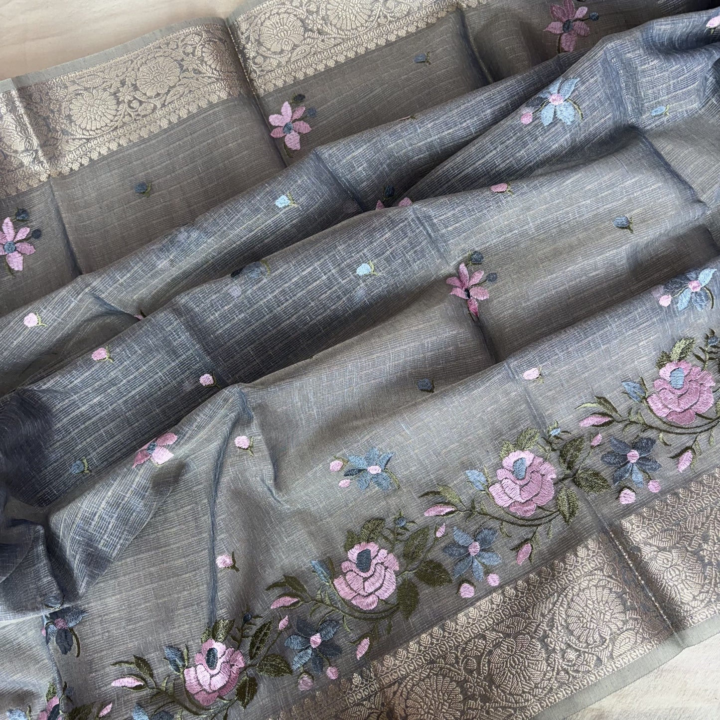 Grey Kora Cotton Silk Saree