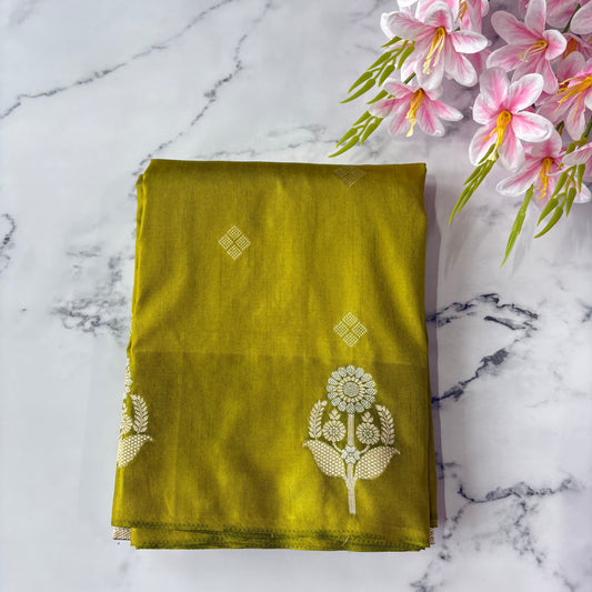 Lime Green Semi Raw Mango Banarasi Saree