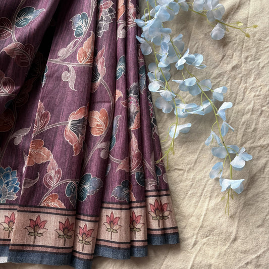 Burgundy Semi Tussar Printed Saree