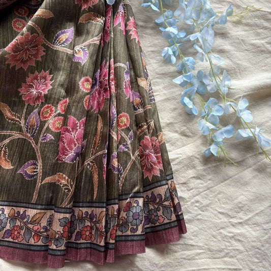 Green Semi Tussar Printed Saree