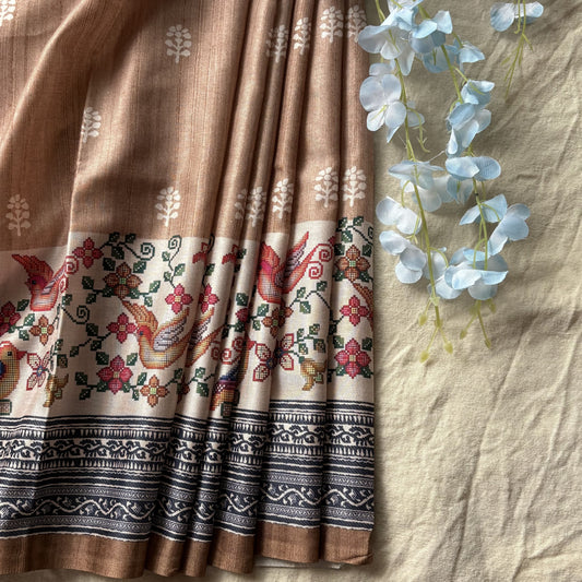 Cream Semi Tussar Printed Saree